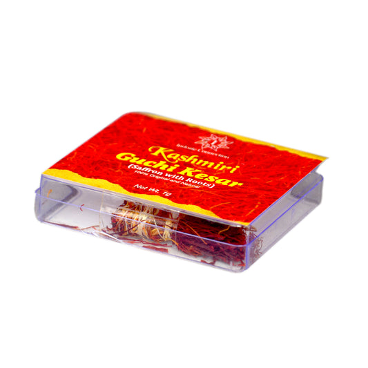 Authentic Kashmiri Guchi Saffron with Roots – Side View of the Packet/Box with vibrant, fresh saffron threads and roots