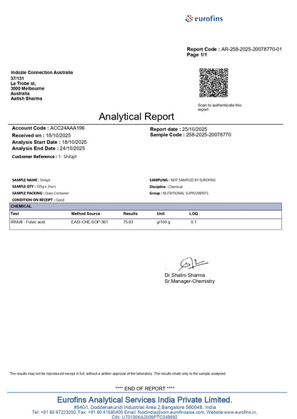 Pure Kashmiri Shilajit Resin with Fulvic Acid - 75.63% (Lab Report attached)